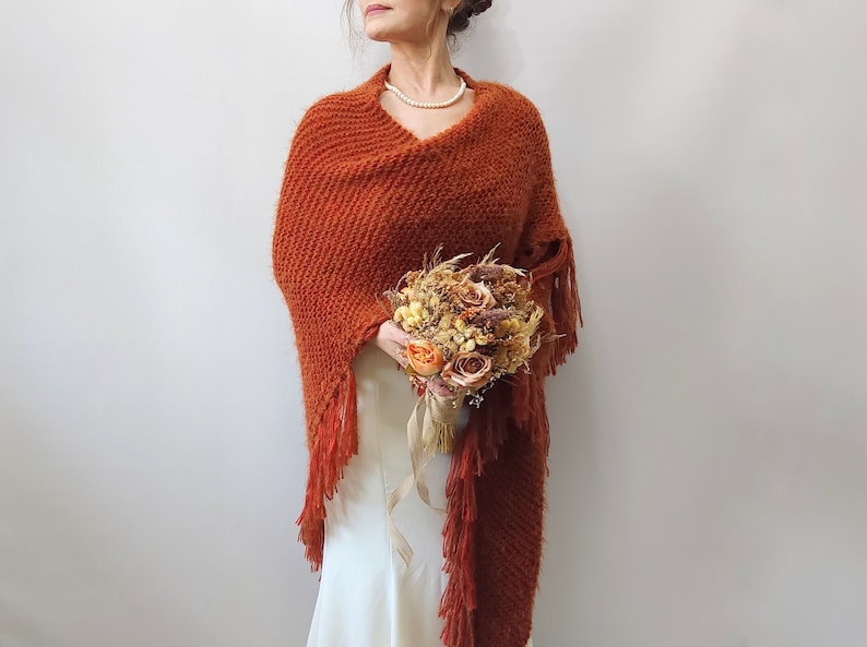 Burnt Orange mohair evening shawl, rust bridal wedding wrap, handmade wool scarf image 5