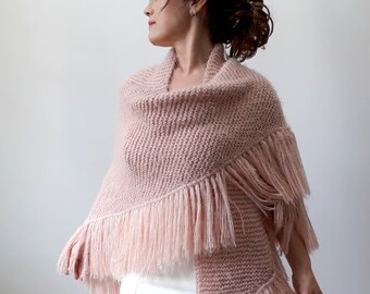 Dusty rose shawl, knitted blush wrap, pale pink scarf, bridal cover up, fall winter wedding, bridesmaid gift, fuzzy, wool, fringed