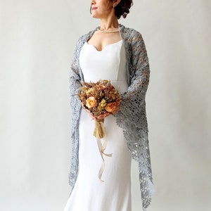Gray mohair shawl, silver glitter wrap, lacy evening shawl