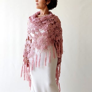 Dusty rose shawl, blush lace wrap, pale pink scarf, bridal wedding shawl, cotton evening scarf, gift for her, fringed boho cover up, summer