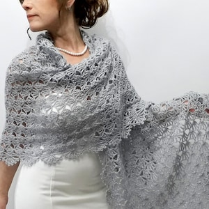 Gray evening shawl,  silver glitter stole, bridal wedding shawl, mother of the bride wrap, lacy bridesmaid gift, crochet lace scarf