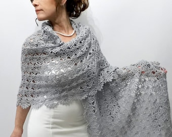 Gray evening shawl,  silver glitter stole, bridal wedding shawl, mother of the bride wrap, lacy bridesmaid gift, crochet lace scarf