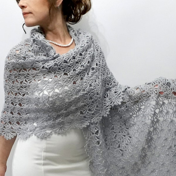 Evening shawl, silver glitter wrap, mohair bridal stole, gray wedding cape, crochet rectangular, bridesmaid gift, lace cape, winter wedding