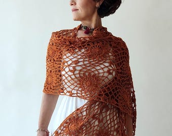 Burnt orange cotton shawl, rust lacy evening stole, bridal wedding shawl