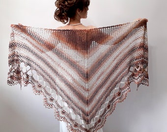 Crochet shawl, summer wrap, beige brown scarf, triangular cover up, gift for her,  mesh, multicolor, cotton, fast shipping, READY TO SHİP