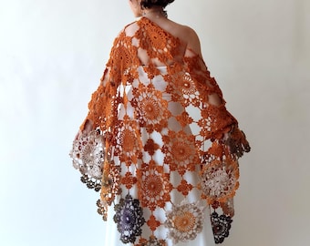 Burnt orange mohair evening shawl, rust bridal wedding wrap, handmade lace scarf