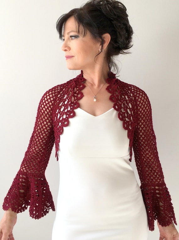 Avond de bolero, zomer jas, Bell mouw trui, gehaakte wijn Cardigan, bordo, Bordeaux Lace top, bruiloft Bolero, XS 4XL, snelle verzending Avond de bolero, zomer jas, Bell mouw trui, gehaakte wijn Cardigan, bordo, Bordeaux Lace top, bruiloft Bolero, XS 4XL, snelle verzending