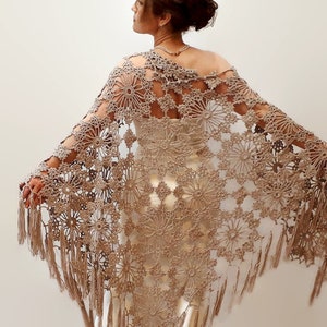 Handmade Crochet Cotton Shawl: Stone Beige Lacy Bridal Wrap