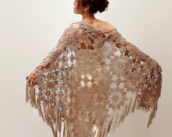 Beige boho shawl, lacy evening wrap, handmade fringed scarf