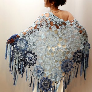 Blue boho shawl, lacy evening wrap, handmade fringed scarf image 6