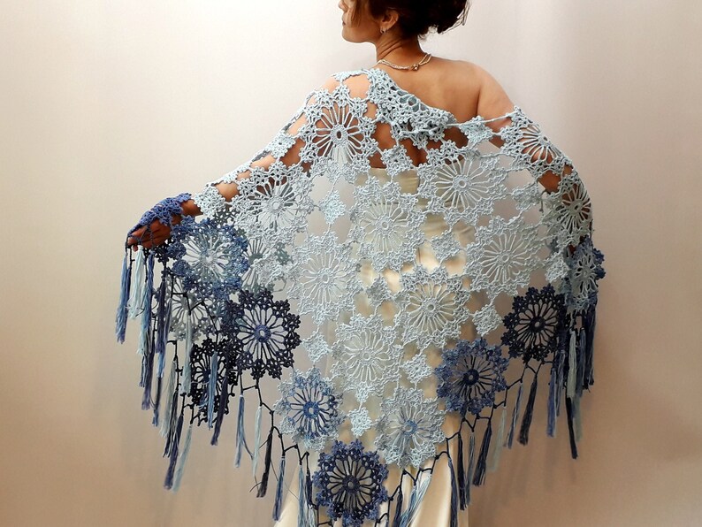 Blue boho shawl, lacy evening wrap, handmade fringed scarf image 6