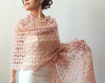 Chal de noche de mohair rosa empolvado, bufanda rectangular de encaje color rubor, chal de encaje hecho a mano