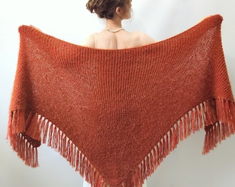 Rust evening shawl, burnt orange wrap, bridal cover up, terracotta wedding shawl, fall winter wrap, bridesmaid gift, fuzzy, warm, fringed