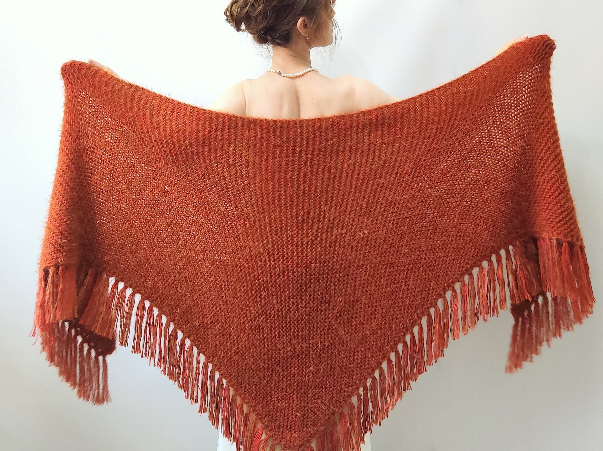 Burnt Orange mohair evening shawl, bridal wedding wrap, handmade wool scarf