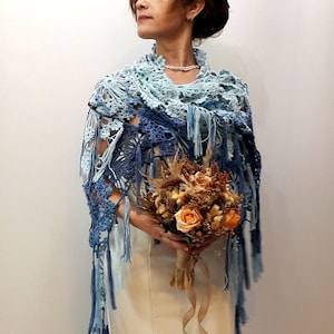 Blue boho shawl, lacy evening wrap, handmade fringed scarf image 2