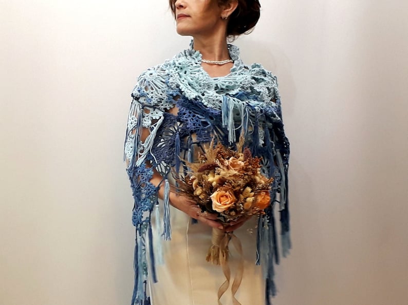 Blue boho shawl, lacy evening wrap, handmade fringed scarf image 2