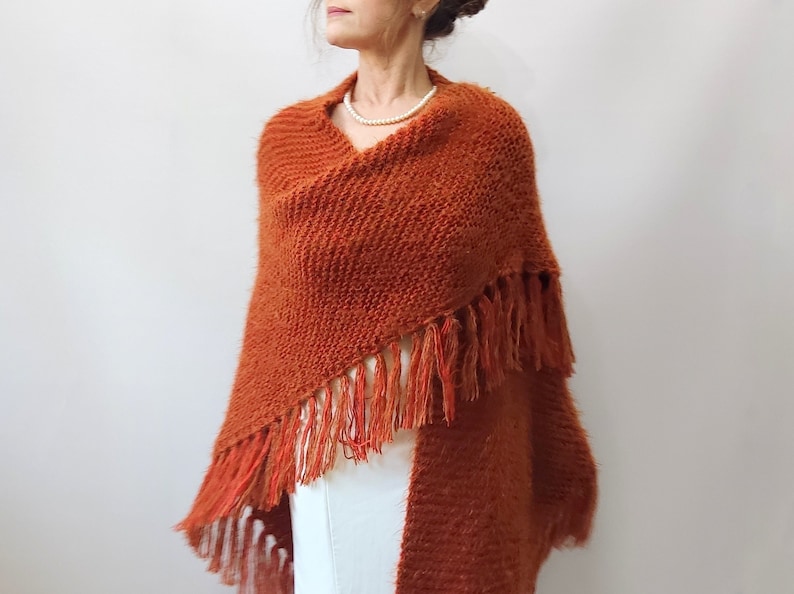 Burnt Orange mohair evening shawl, rust bridal wedding wrap, handmade wool scarf image 4