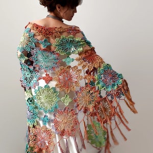 Crochet multicolor shawl, cotton wrap, boho scarf, summer cover up, fringed shawl, orange, turquoise, green