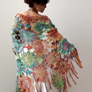 Cotton boho shawl, lacy evening wrap, fringed summer scarf, gift for her, multicolor cover up, crochet handmade shawl, orange green wrap