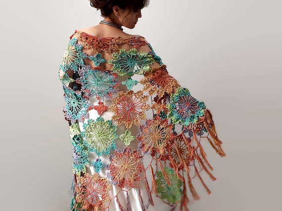 Multicolor boho shawl, lacy evening wrap, handmade fringed scarf
