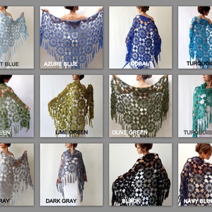 May include: A collection of crocheted shawls in various colors, including light blue, azure blue, cobalt, and turquoise. Each shawl features a floral pattern and fringe detailing. The image displays a variety of colors, such as apple green, lime green, olive green, light gray, dark gray, black, and navy blue.
