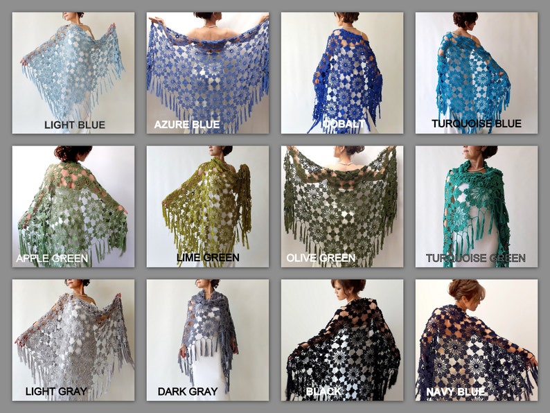 May include: A collection of crocheted shawls in various colors, including light blue, azure blue, cobalt, and turquoise. Each shawl features a floral pattern and fringe detailing. The image displays a variety of colors, such as apple green, lime green, olive green, light gray, dark gray, black, and navy blue.