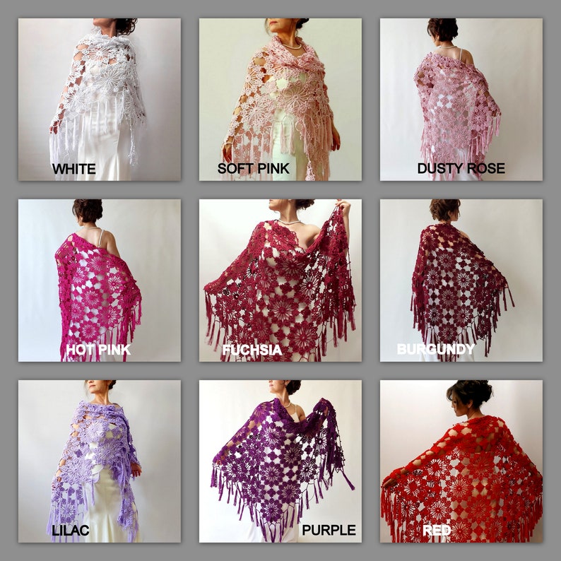 May include: A collection of nine crocheted shawls in various colors, including white, soft pink, dusty rose, hot pink, fuchsia, burgundy, lilac, purple, and red. Each shawl features a floral pattern and fringe.