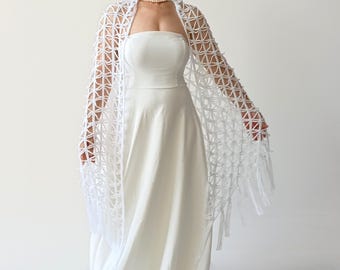 Chal blanco de noche, chal de malla hecho a mano con flecos, bufanda transparente de encaje.