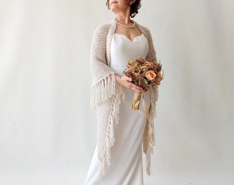 Winter wedding shawl, champagne bridal wrap, mohair cover up, beige evening shawl, bridesmaid gift, knit fringed scarf, wool, fuzzy