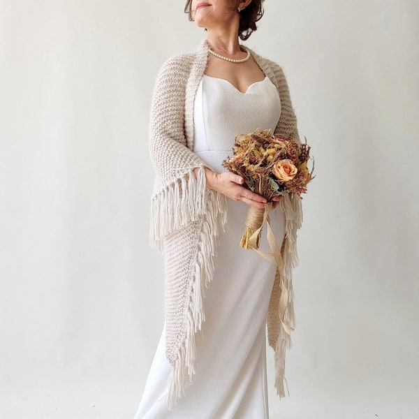 Winter wedding shawl, champagne bridal wrap, mohair cover up, beige evening shawl, bridesmaid gift, knit fringed scarf, wool, fuzzy