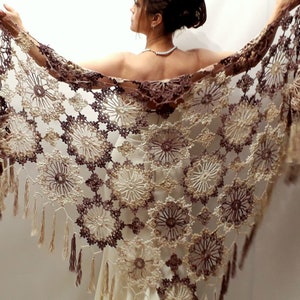 Brown cotton shawl, beige evening scarf, fringed boho wrap, bridal wedding shawl