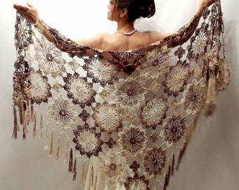 Brown cotton shawl, beige evening scarf, fringed boho wrap, bridal wedding shawl, gift for her, multicolor scarf, crochet lace cover up