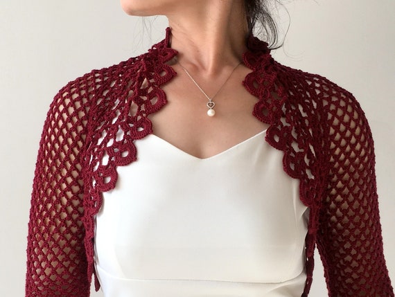 Avond de bolero, zomer jas, Bell mouw trui, gehaakte wijn Cardigan, bordo, Bordeaux Lace top, bruiloft Bolero, XS 4XL, snelle verzending Avond de bolero, zomer jas, Bell mouw trui, gehaakte wijn Cardigan, bordo, Bordeaux Lace top, bruiloft Bolero, XS 4XL, snelle verzending