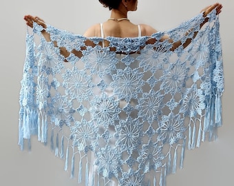 Light blue cotton shawl, lacy evening wrap, handmade boho fringed scarf