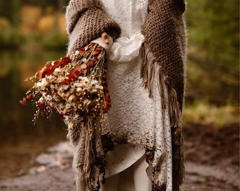 Taupe brown shawl, fringed evening wrap, fall winter wedding, fuzzy bridesmaid gift, mother of bride, bridal, scarf, warm wool cover up