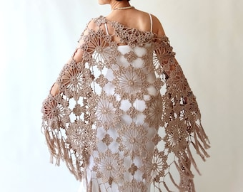 Beige cotton shawl, lacy evening wrap, fringed boho cover up