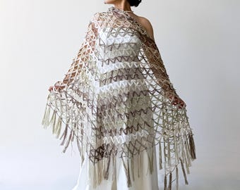 Chal multicolor color beige salvia, estola de noche con flecos de malla, bufanda transparente hecha a mano
