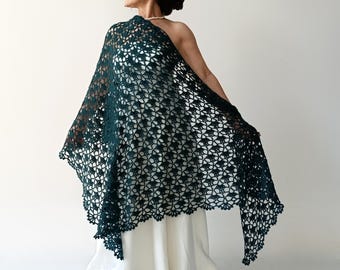 Chal de mohair verde azulado, estola nupcial verde, pareo de encaje hecho a mano.