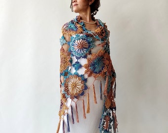 Indigo blue cotton shawl, rust evening scarf, fringed boho wrap, bridal wedding shawl, gift for her, multicolor scarf, lace cover up