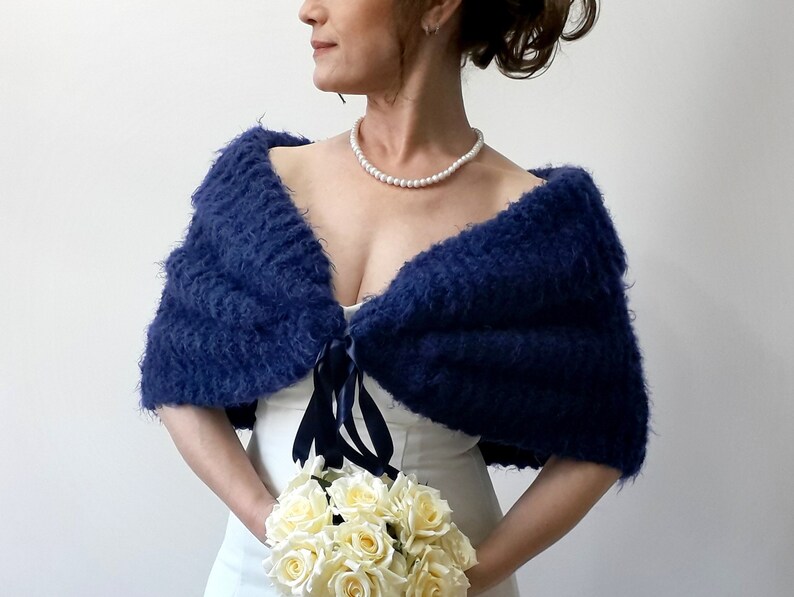 Wedding shawl navy blue wrap bridal cover up mohair cape