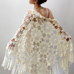 Ivory cotton shawl, cream evening scarf, bridal wedding wrap, gift for her, fringed summer shawl, crochet triangular cover up, handmade wrap