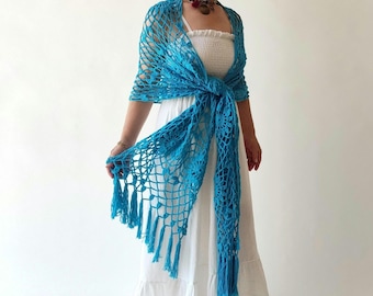 Turquoise cotton shawl, blue evening stole, fringed boho scarf, summer cover up
