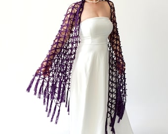 Chal de noche morado, chal de malla color ciruela con flecos, bufanda transparente de encaje
