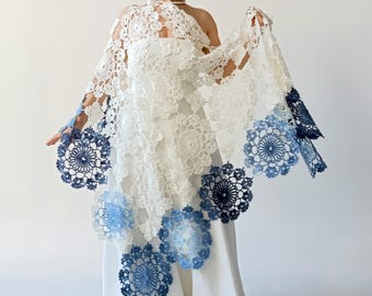 Chal de noche de mohair azul marfil, estola nupcial, bufanda de encaje hecha a mano