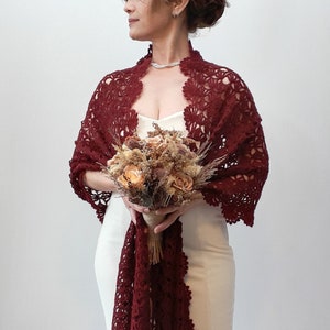 Burgundy mohair shawl, maroon evening stole, bridal wedding shawl, mother of the bride wrap, lacy bridesmaid gift, crochet lace scarf, wine
