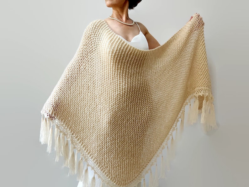 Champagne shawl, light beige wrap, mohair scarf, wool bridal cover up, fall winter wedding, bridesmaid gift, boho, fringed, mother of bride image 5