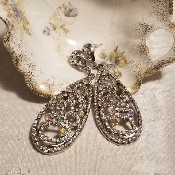 Sparkling Rhinestone Dangle/ Drop/ Silver Tone/ E… - image 3