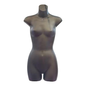 May include: A dark gray female mannequin torso, designed to display clothing. The mannequin has a smooth, matte finish and is sculpted to represent a realistic female form, including shoulders, bust, waist, and hips. The mannequin is standing upright.