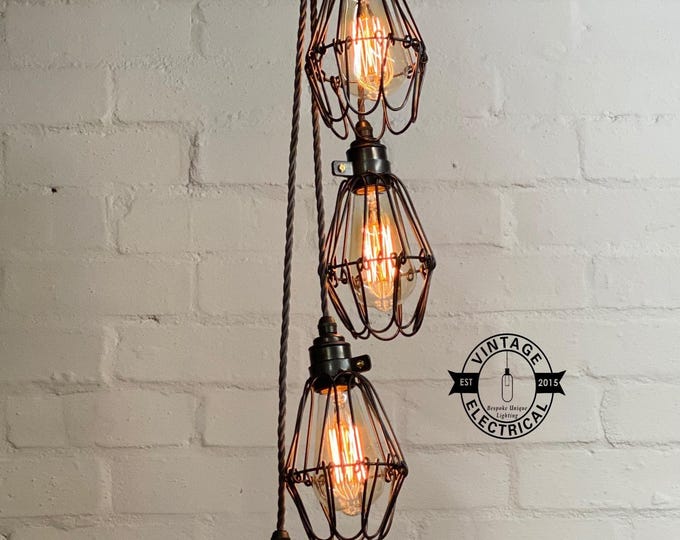 Winterton ~ 4 x Raw Steel Industrial Pendant Set Cage Light | Ceiling Dining Room | Kitchen Table | Vintage 4 x Edison Filament Bulbs