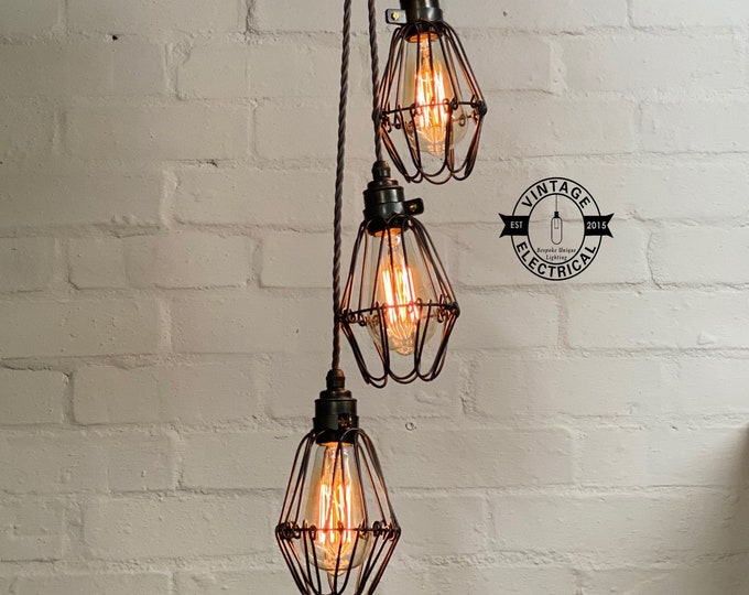 Winterton ~ 4 x Raw Steel Industrial Pendant Set Cage Light | Ceiling Dining Room | Kitchen Table | Vintage 4 x Edison Filament Bulbs